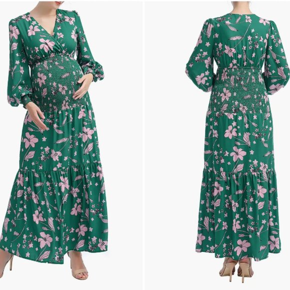 Kimi and Kai Dresses & Skirts - Kimi and Kai Caroline Bloused Sleeve Smocked Maternity Maxi Dress